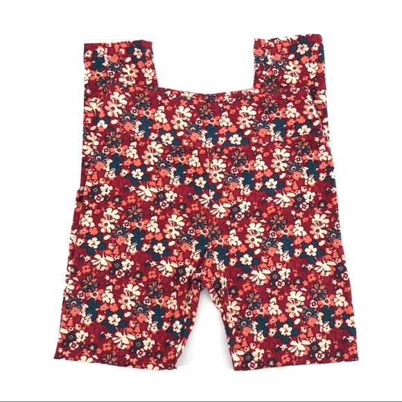LuLaRoe Red & Teal Floral Print Leggings - Picture 2 of 6